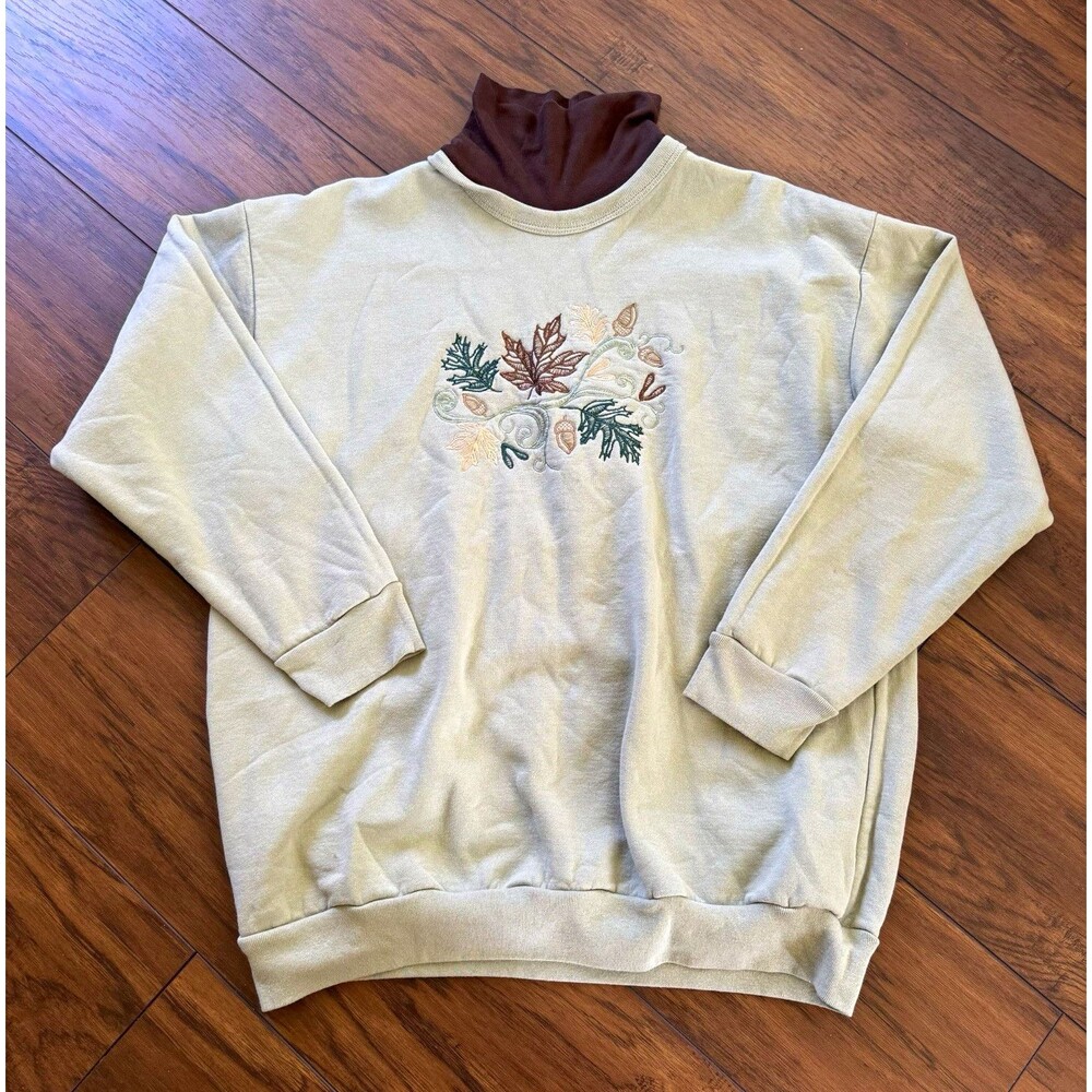 Women’s 2X Green Sweatshirt TurtleNeck Leaf Embroidered VTG Grandma Cottage